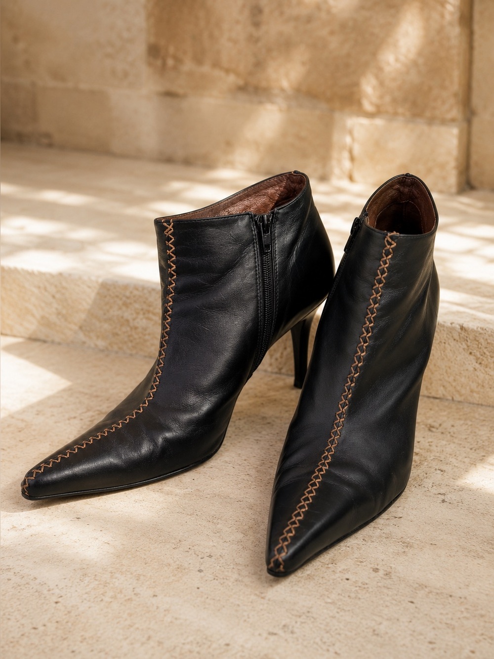 PALOMA BARCELO Artisan Quiet Luxury Black Leather Stitched Stiletto Boots, 37
